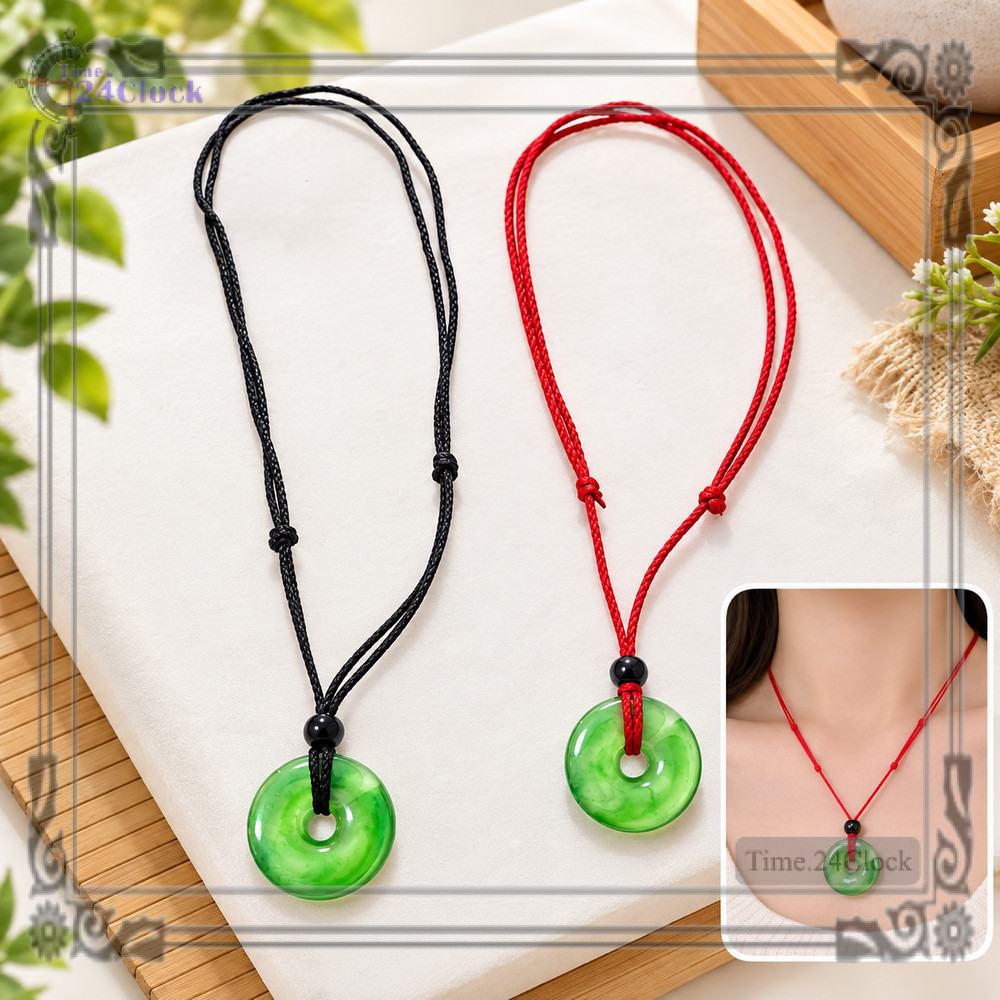 Kalung Giok Hijau Donat Kalung Tali Giok Tali Hitam dan Merah Tali  Adjustable Pria Wanita Unisex | 