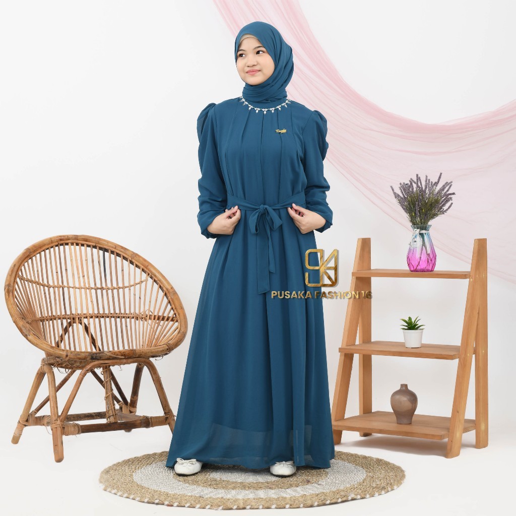 INAY4 Gamis couple ibu anak perempuan remaja tanggung ceruti simple elegant warna mahogani emerald