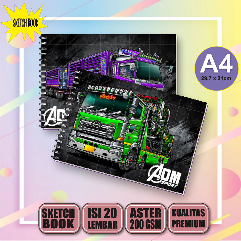 Sketchbook Truk Aom Sport A4, Buku Gambar Vertikal Jilid Spiral 20 Lembar/40 Halaman