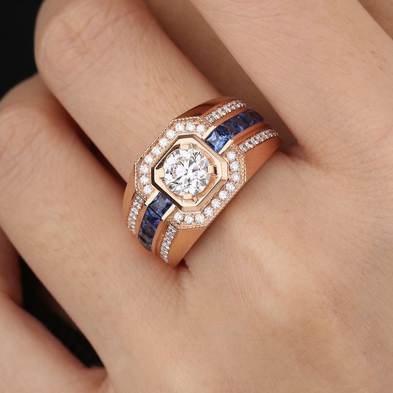 Rose gold mewah berlian penuh pria cincin biru pria cincin desain tinggi untuk pria