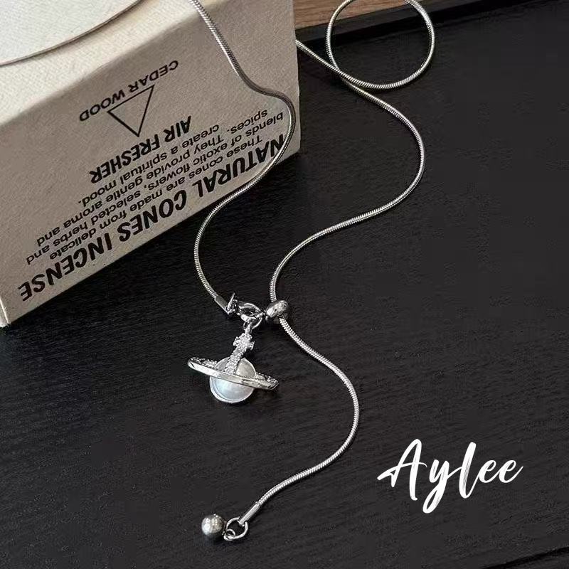 [Aylee]Kalung liontin bola perak untuk wanita kalung mutiara planet untuk pelajar Y690