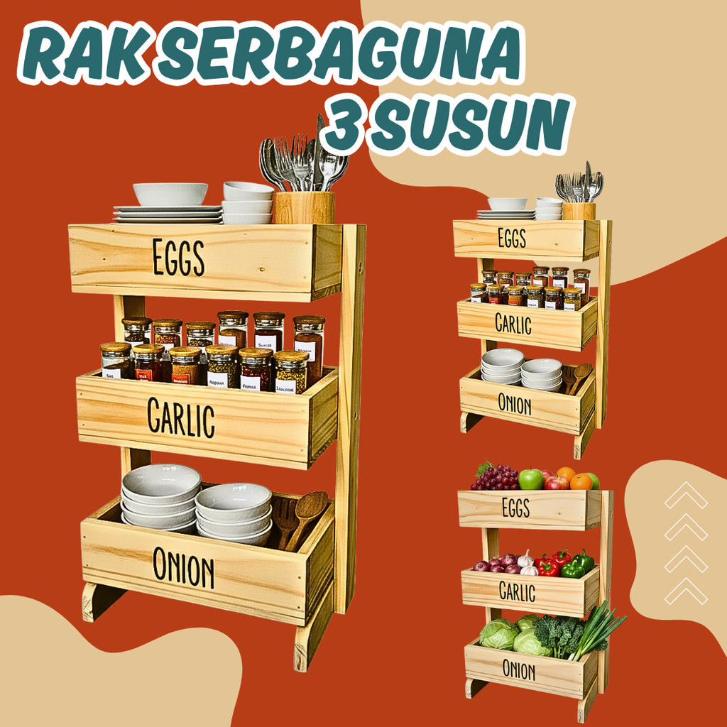 Rak bawang kayu 3 susun / Rak dapur / Rak kosmetik/ Rak perkakas/ Rak bawang