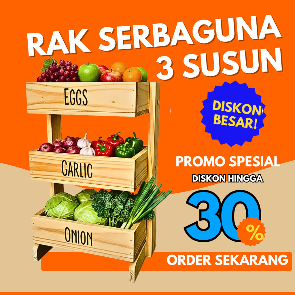 Rak bawang kayu 3 susun / Rak dapur / Rak kosmetik/ Rak perkakas/ Rak bawang