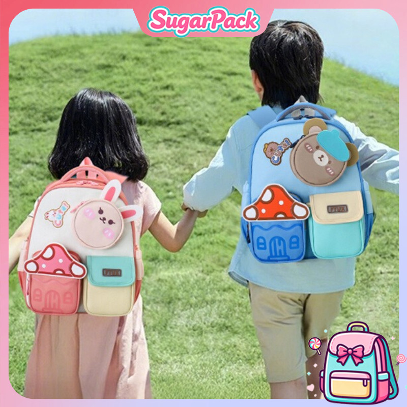 Tas Ransel Import Anak Anti Air Kelinci Beruang SD TK Backpack Pengait Dada
