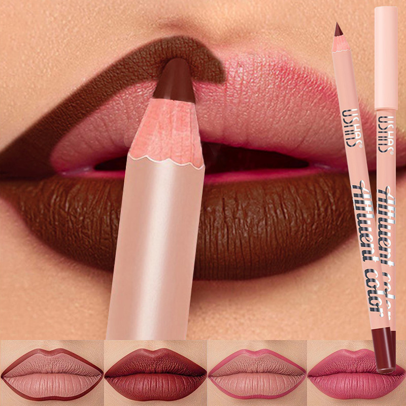 Pensil Garis Bibir Tahan Air 8 Warna, Lipstik Matte Merah Gelap Seksi Tahan Lama, Pena Garis Bibir A