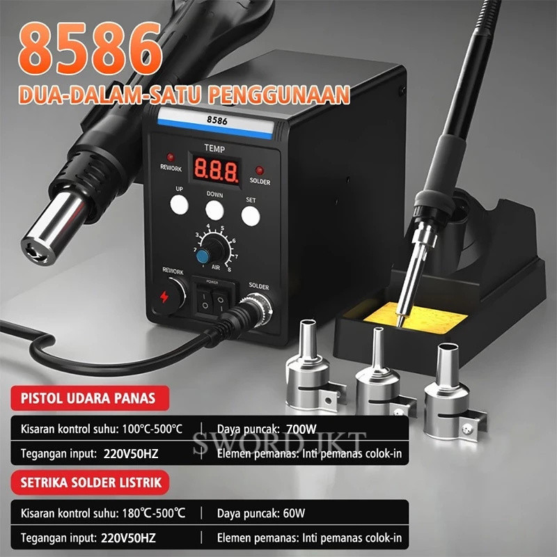 Solder Station Digital 8586D Alat Rework 2 in 1 Uap Besi Pemanas Desoldering Heat Blower Las Kompone