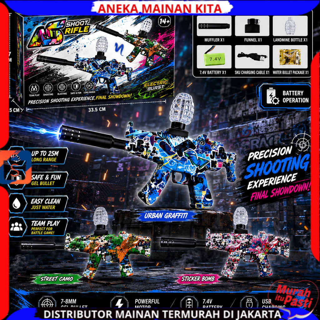 Mainan Tembakan Pistol Rifle MP5 Gel Blaster Gun 55cm Elektrik Water Gel Otomatis Rechargeable 7.4V 