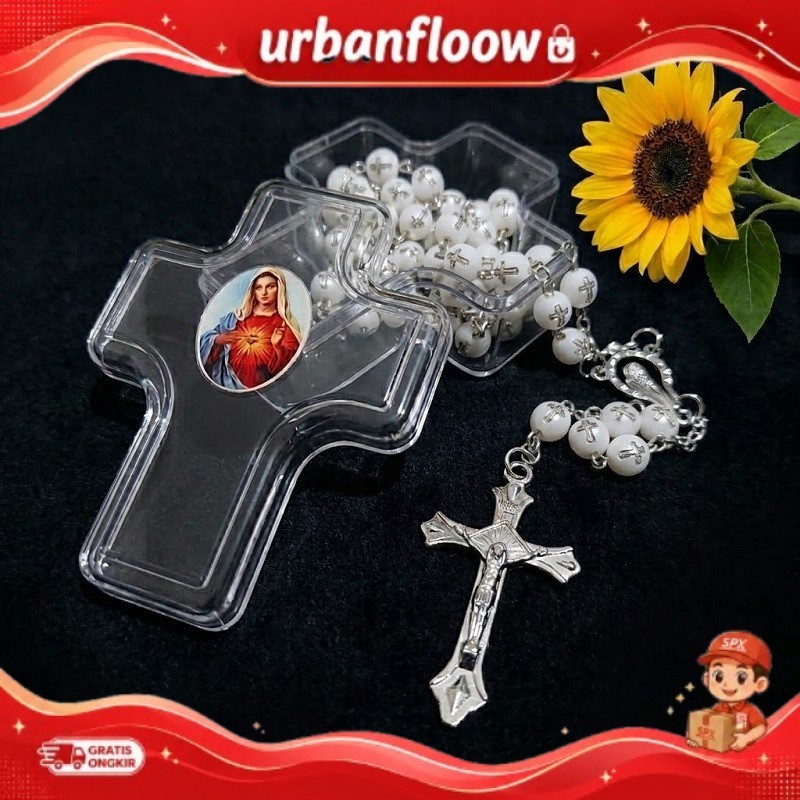 Kalung Rosario Katolik Maria Fatima 6mm Aksesoris Rohani Wanita Salib Souvenir Pernikahan Catholic G