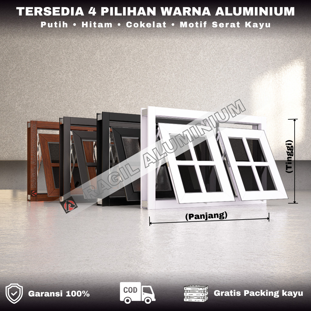 Jendela Aluminium Boven 2 Daun Jungkit Casement Ornamen Tinggi 50 cm x Panjang 80 cm (50x80)