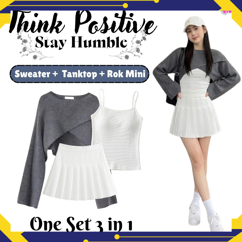 Set Setelan Outfit OOTD Sweater Knit 3 in 1 (Sweater + Tanktop + Rok Mini) Modish & Casual SF15726 r