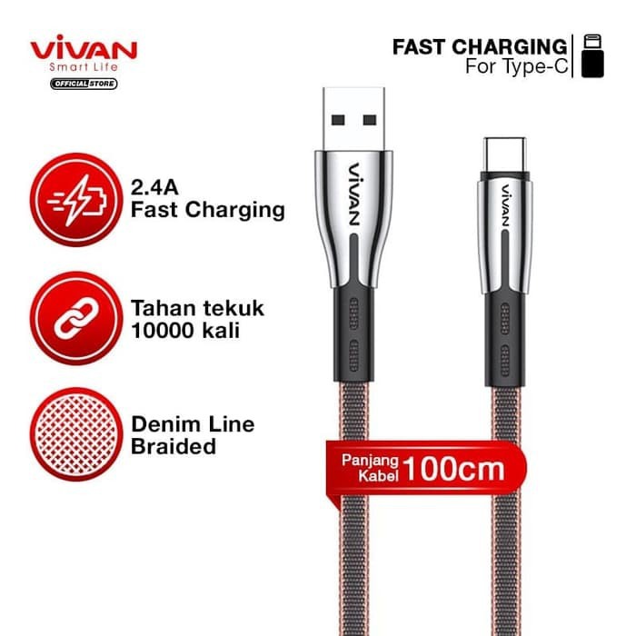 Kabel Data Vivan BTK-L Black Brown Type-C 1M 3A QC3.0 Fast Charging