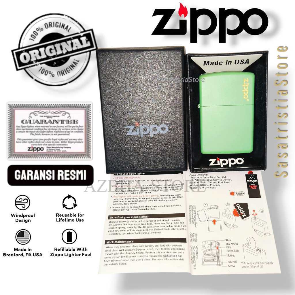 Zippo Lighter Hijau Muda Original USA, Windproof, Refillable, Garansi Resmi