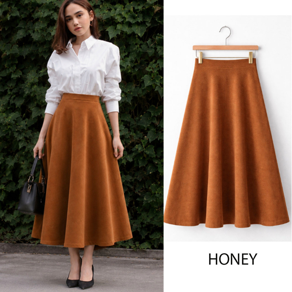 7/8 Flare Skirt Rok 7/8 Flare Skirt Midi Wanita Bahan Denim Tebal Warna Biru Denim Ukuran M L XL Ski