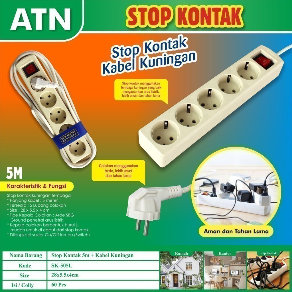 ATN Stop Kontak Terminal 3 , 4 , 5 Lubang + Kabel Steker Arde + Switch Lampu On / Off Standar SNI go