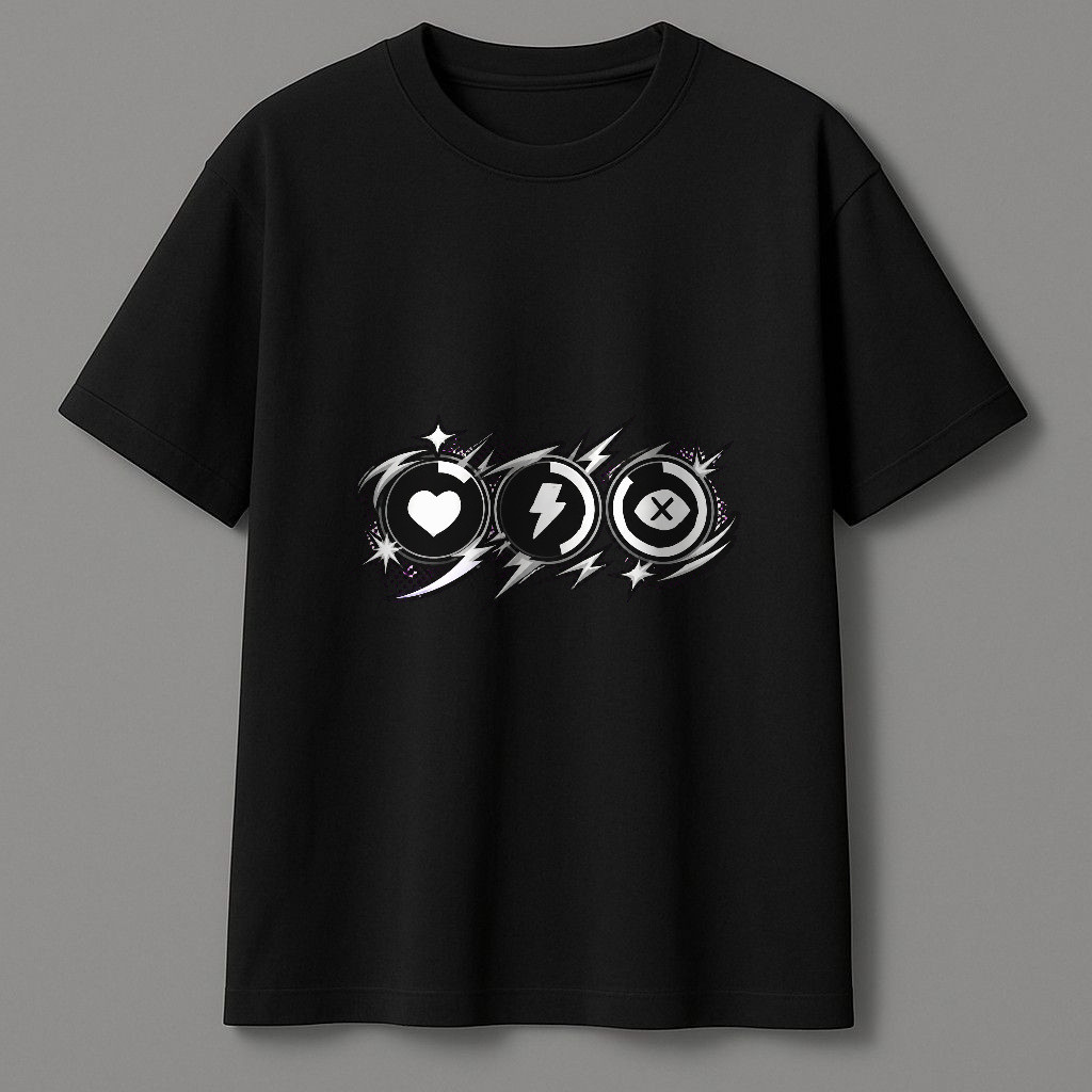 Motif Tiga Ikon Hati, Petir, Dan Tanda X Minimalis – Kaos Pendek Unisex Dengan Bahan 100% Cotton 24s
