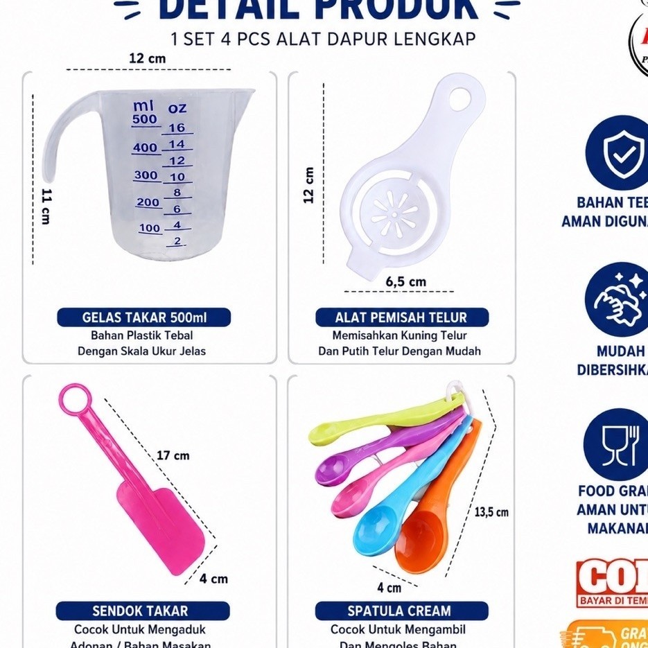 [1 SET] Lengkap Gelas Takar 500mil + Sendok Takar 5 PCS 1 in + Alat Pemisah Kuning Telur + Spatula K