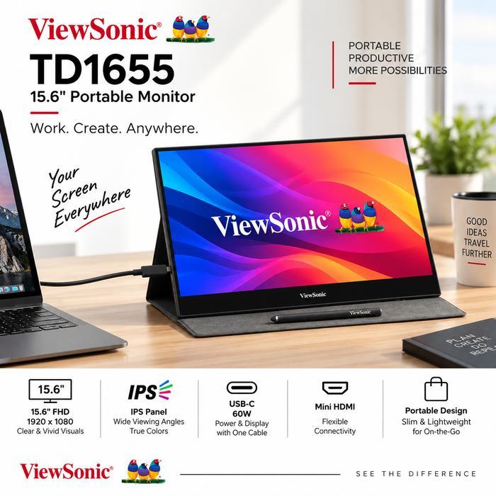 Monitor LED Portable Viewsonic TD1655 15.6" IPS 1080 USB C 60w mini - TD1655