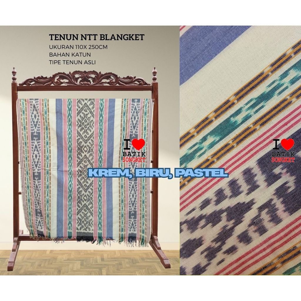 TENUN NTT MOTIF 17 BLANGKET JEPARA LOMBOK BALI KAIN HALUS ETNIK ANTIK KREM BIRU PASTEL
