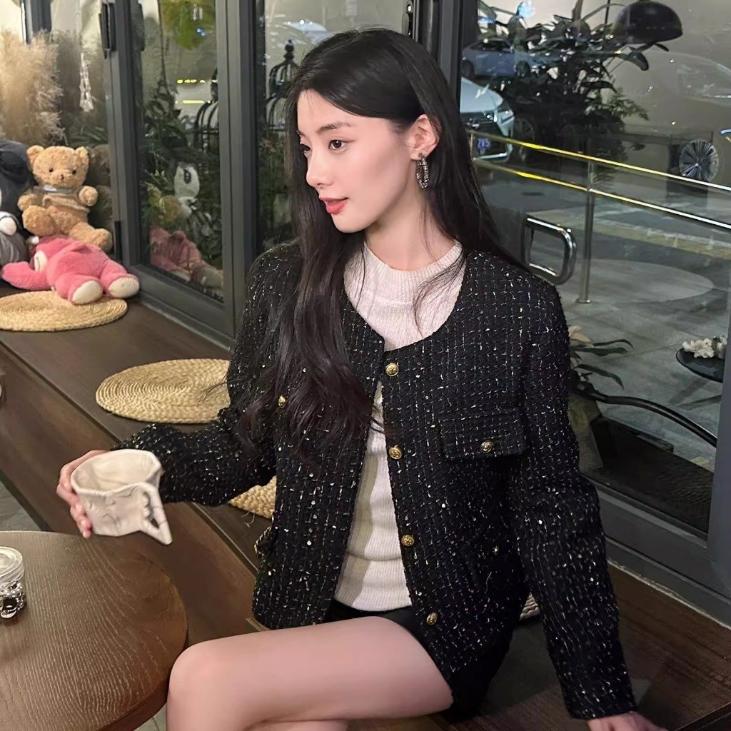 NEW PRODUCT EMITA BLOOM tweed blazer crop wanita kekinian atasan outer biru muda lengan panjang