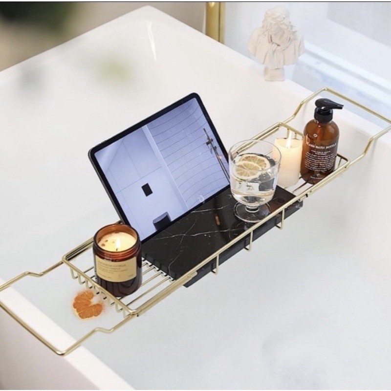 Tatakan bathtub tray nampan kamar mandi gold marble adjustable stainless ceramic