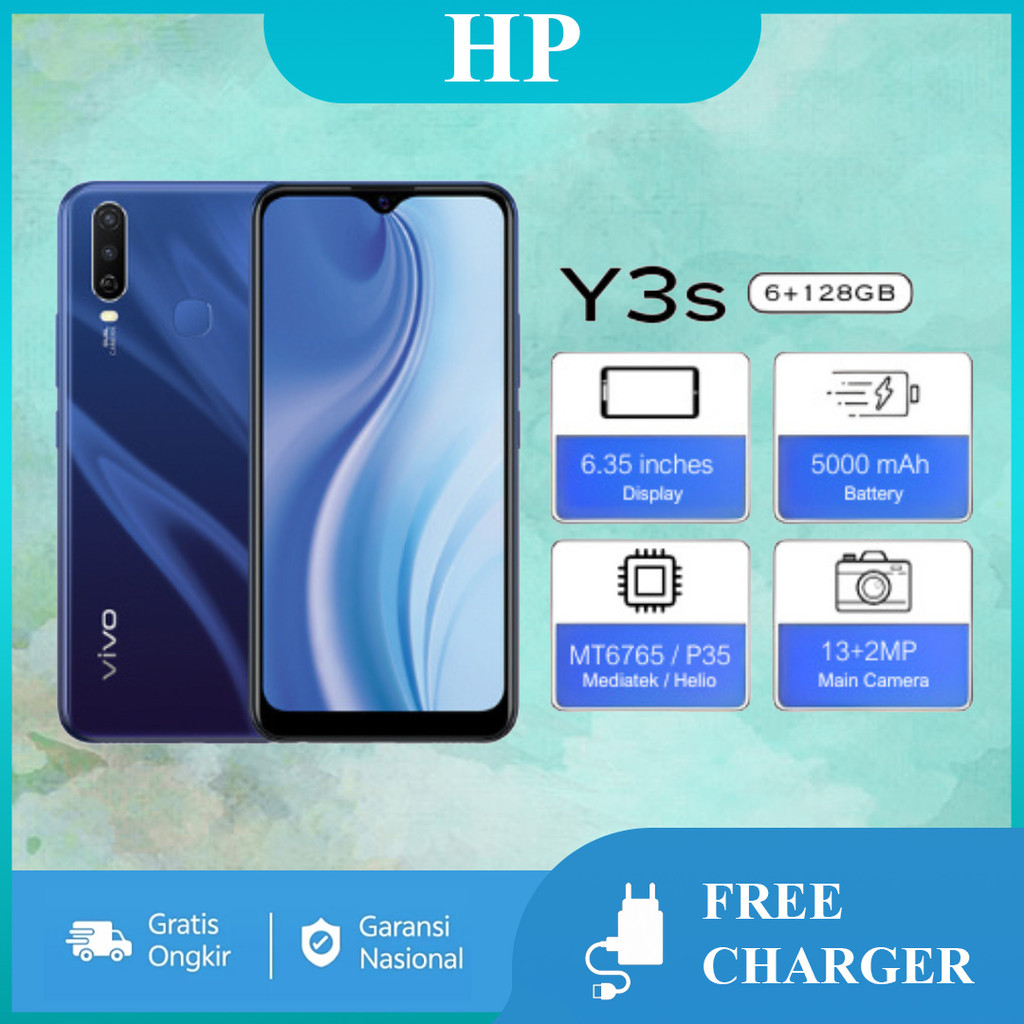 Vivo Y3S Handphone terabru HP Murah Cuci Gudang RAM 6GB + 128GB, Layar 6.51 Inci, 5000 mAh battery A