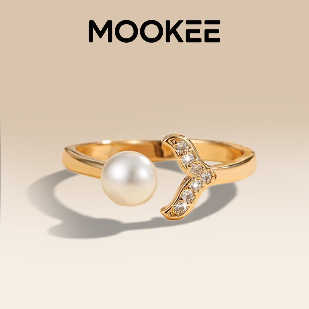 MOOKEE Cincin Ekor Putri Duyung - Desain Unik Mutiara Imitasi Tembaga Lapis Emas Ukuran Dapat Diatur