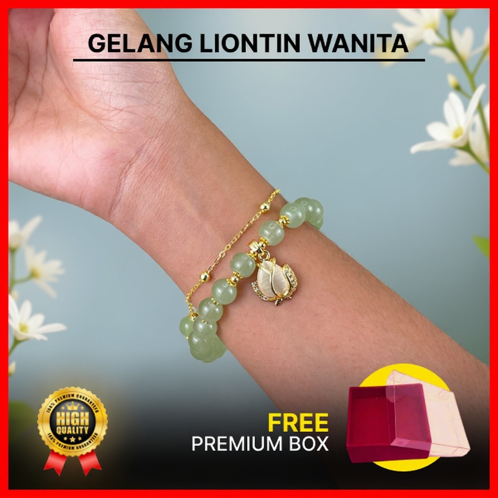 Wearmoura Gelang Giok Liontin Wanita / Gelang Giok Emas 18K / Gelang Elegan Anti Luntur