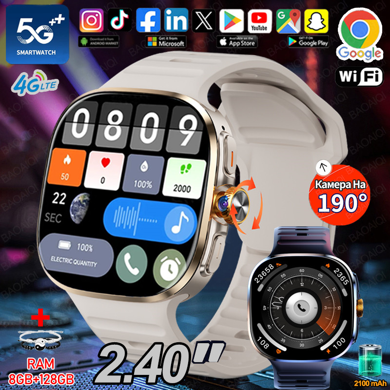 5G/4G Smart Watch 2.40 inch AMOLED 900W Camera 8GB+128GB RAM GPS WIFI Google APPS Download Android 1