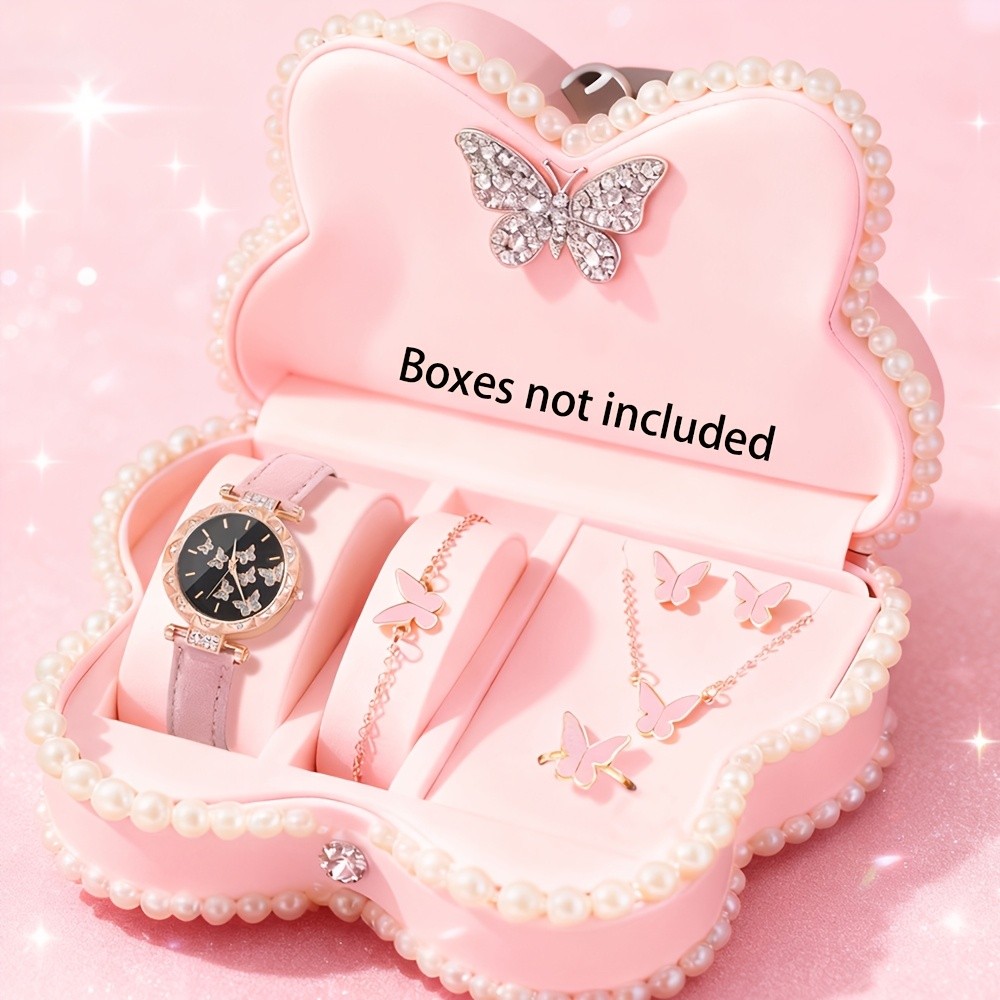 6PCS Set Perhiasan Kulit Untuk Wanita Jam Tangan Kuarsa Wanita Berhias Berlian (Tanpa Kotak)