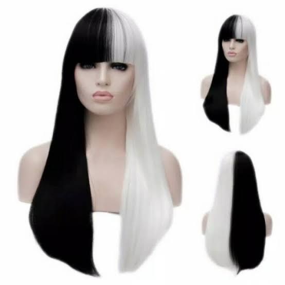 Wig cruella hitam putih panjang pendek cosplay anime - Lurus