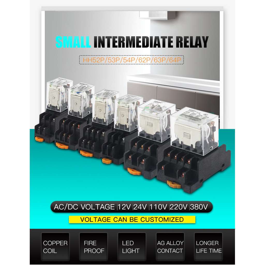 DPDT Power Relay 12V 24V 220V HH52P HH53P HH54P HH62P HH63P HH64P Electromagnetic Coil Universal Min