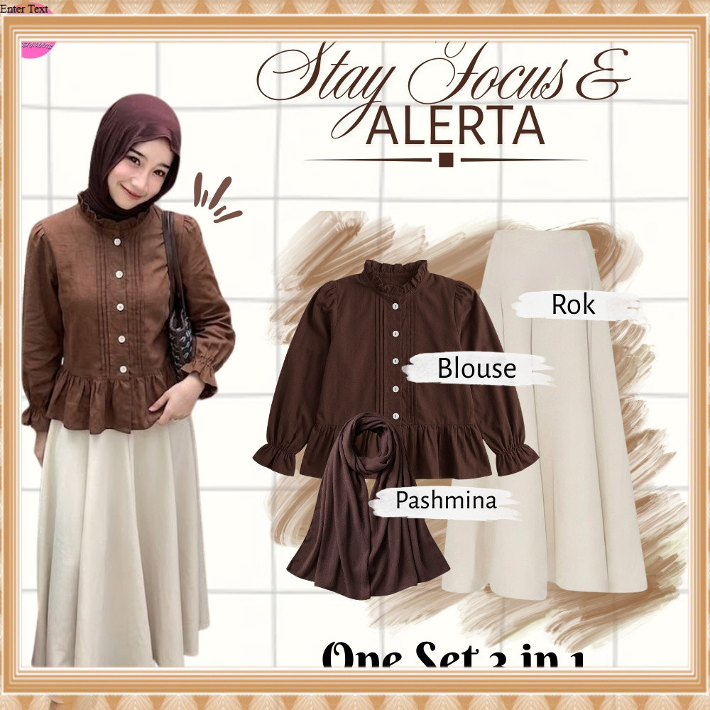 Setelan OneSet 3 in 1 Blouse Elora & Rok Payung Kekinian (Blouse Elora + Rok Payung + Pashmina) Kore