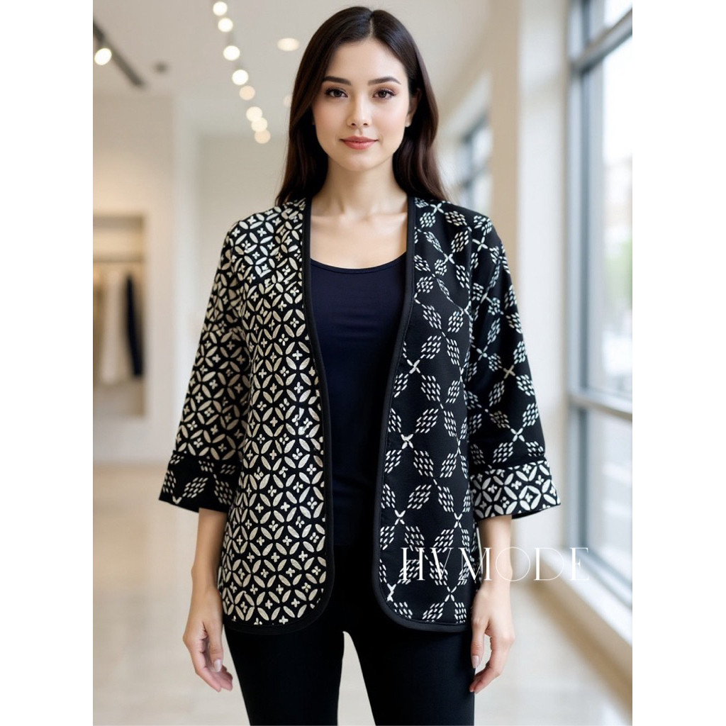 Outer Batik Etnik Modern Hitam Putih | Cardigan Batik Elegan | Outer wanita - Lucca Outer