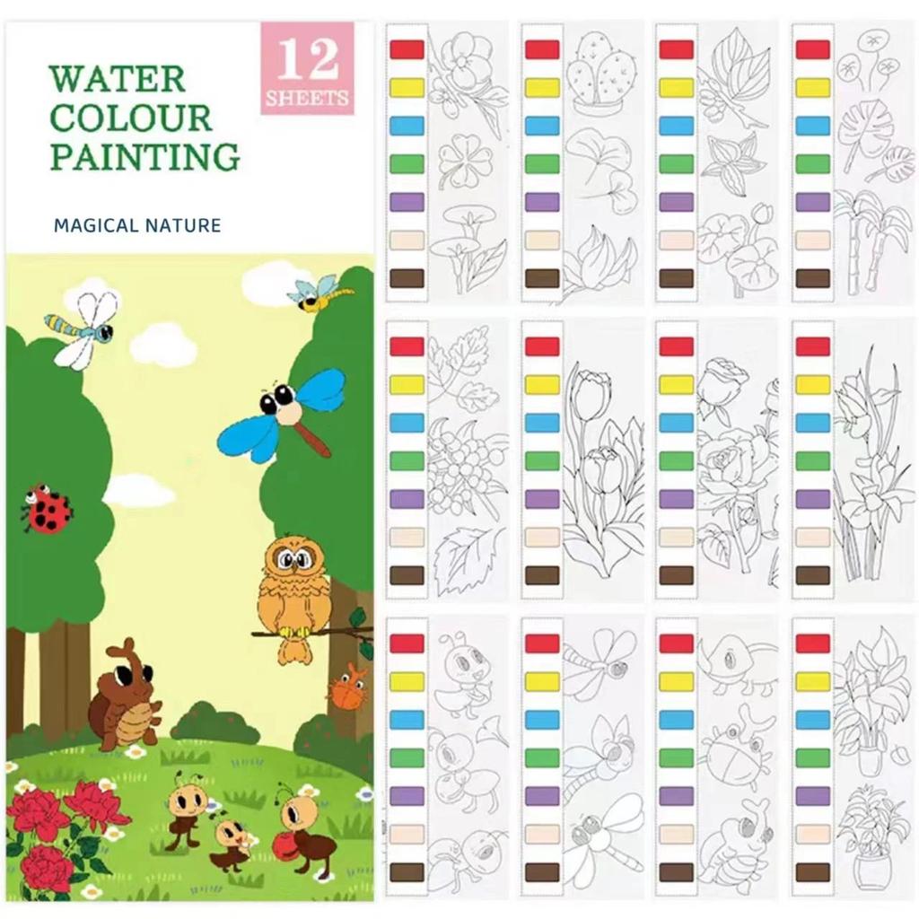 12 pages New ildren's Watercolor Coloring Book,Student Coloring And Drawing Book, With Built-in Wate