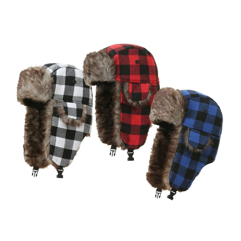 Winter Buffalo Plaid Trapper Hat Hunting Hat with Faux Fur Ear Flaps Hunter Cap Warm Russian Soviet 