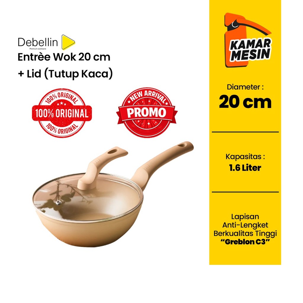 DEBELLIN Entree Wok Wajan Anti Lengket 20 cm +Tutup Kaca + Gagang DEBELLIN