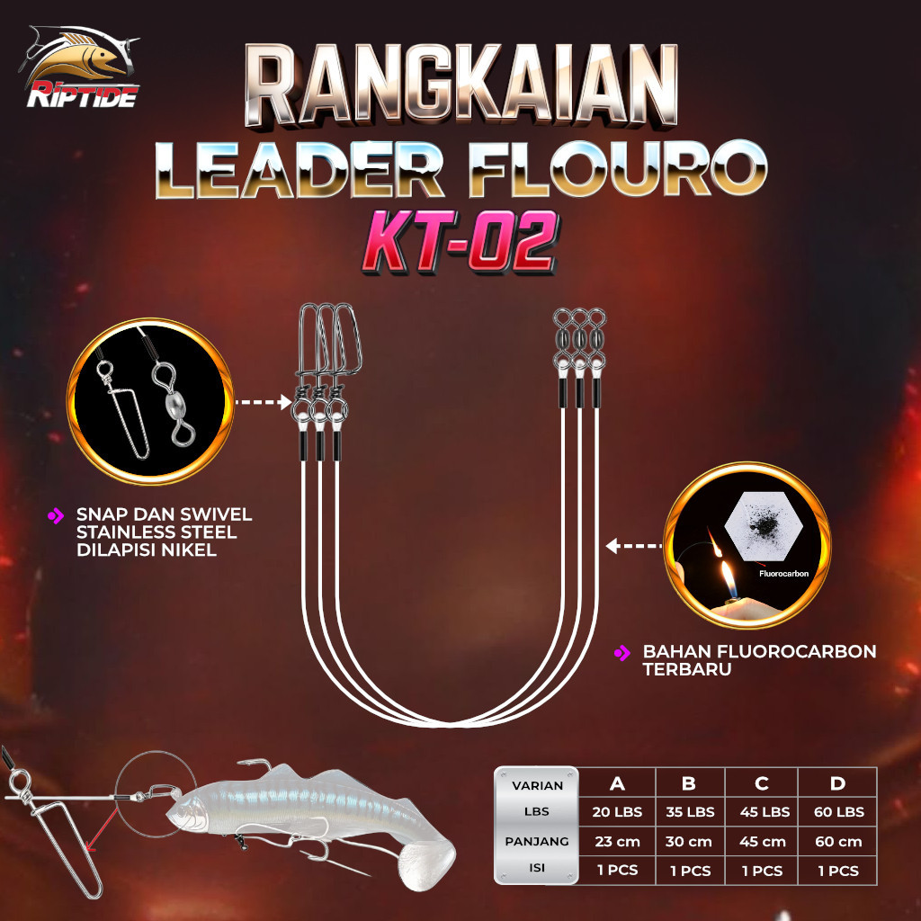 Rangkaian Leader Fluorocarbon Riptide KT-02 Anti Murni Tembus Pandang Include Snap Swivel