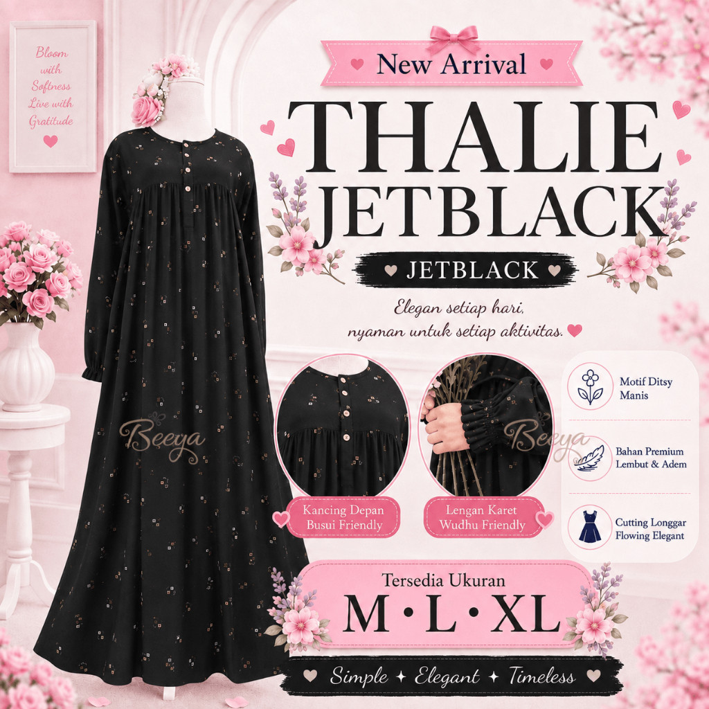 PROMO TERBATAS 16. Ditsy Gamis Muslim Wanita Thalie Jetblack MLXL Lengan Karet Kancing Depan Busui F