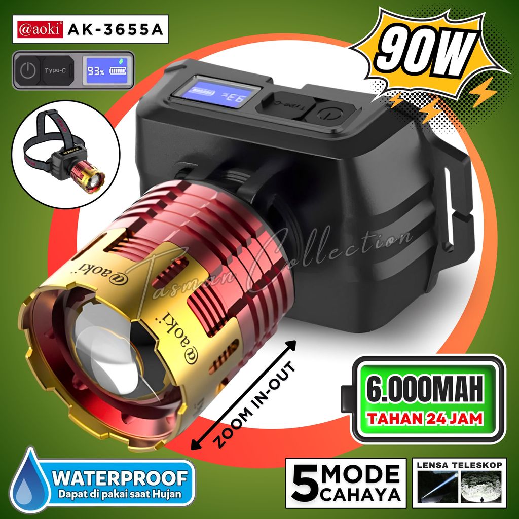 Headlamp Original AOKI Senter Kepala Cahaya Super Terang 90 Watt  Tahan 24 Jam Baterai 6000mAh Bisa 