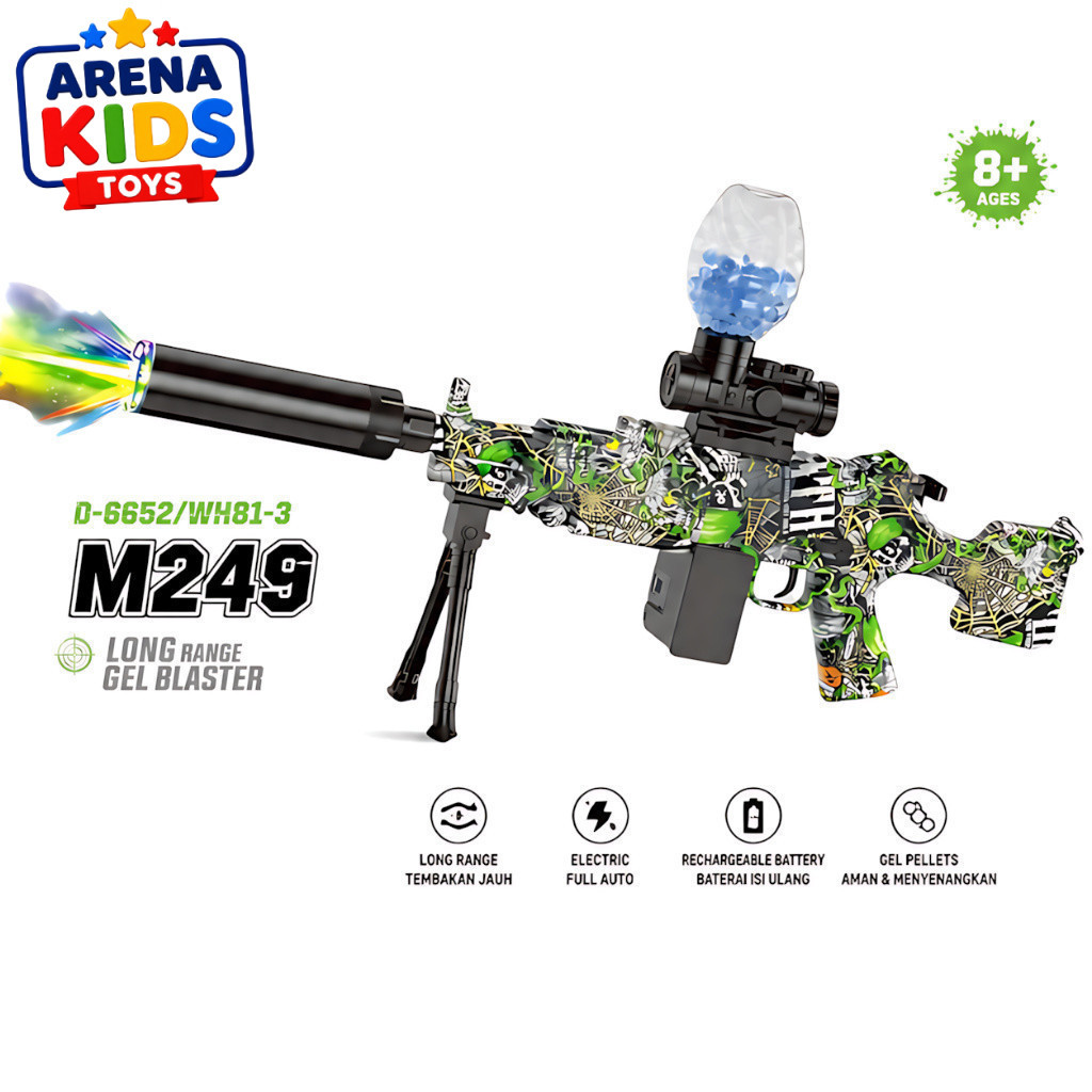 D-6652/WH81-3 M249 FULLY/SEMI AUTOMATIC Mainan Pelontar Gel Lampu Remaja Untuk Hobi Bidik Sasaran