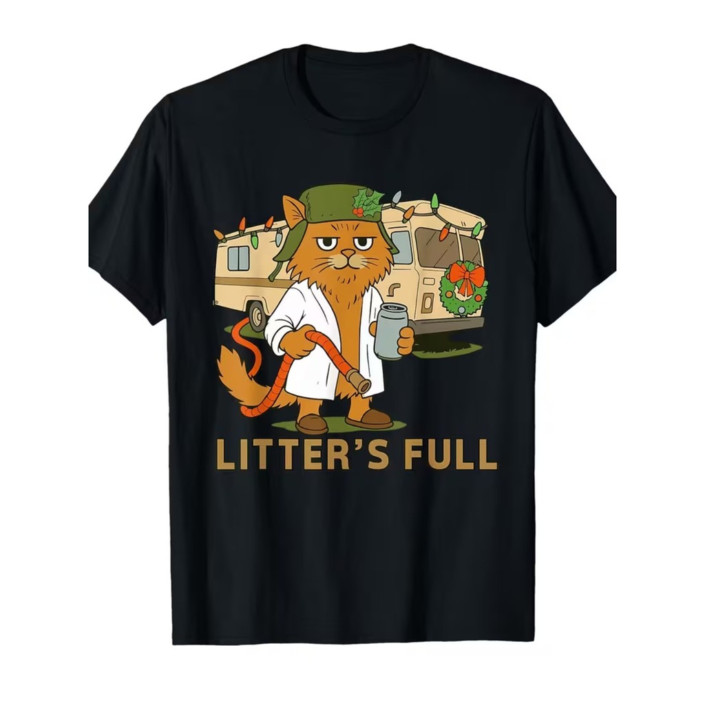 Humorous T-Shirt for Cat Litter Training - Adorable Full Body Print of a Cat Spraying And Drinking W