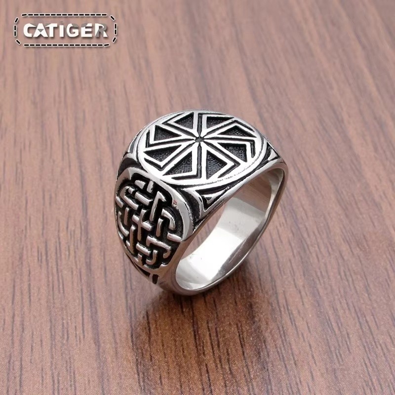 Cincin Amulet Roda Viking Slavia dari Baja Anti Karat 316L Punk, Cincin Viking Runic Skandinavia, Pe