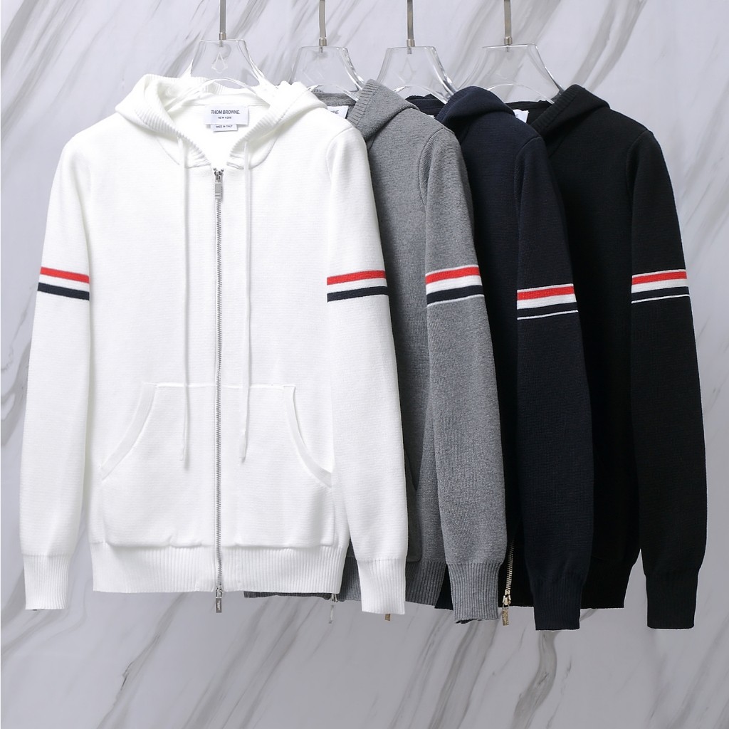 TB/THOM jaket sweter bertudung kardigan ritsleting ban lengan ganda baru untuk pria dan wanita.