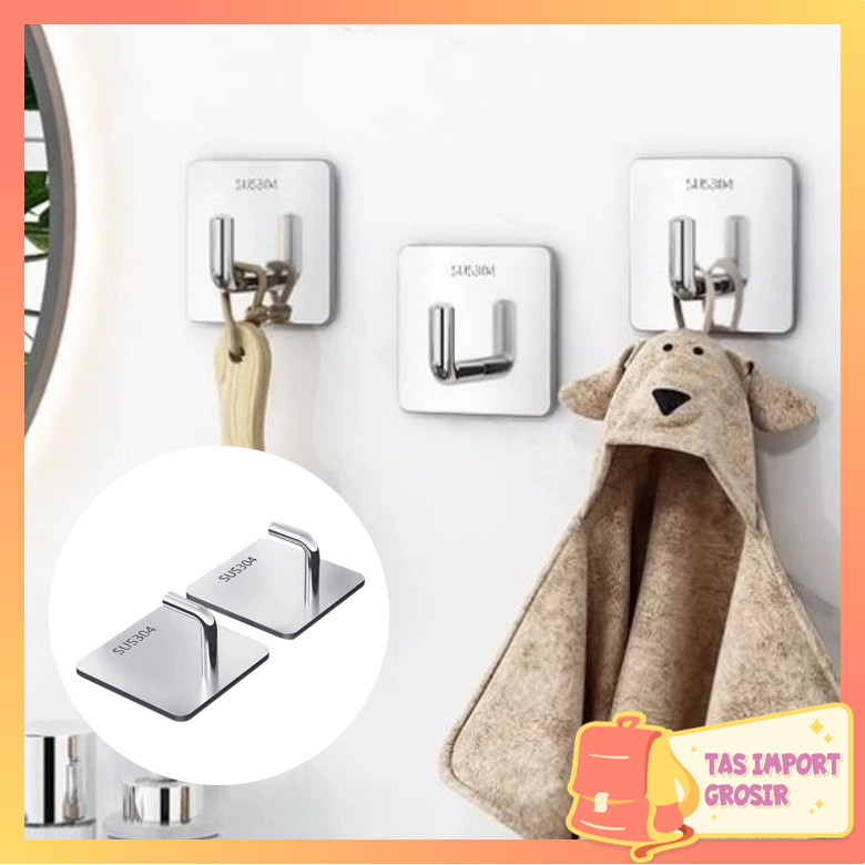 Tas Import -  H6731 Gantungan Tempel Stainless Persegi / Gantungan Dinding Stainless Serbaguna / Gan