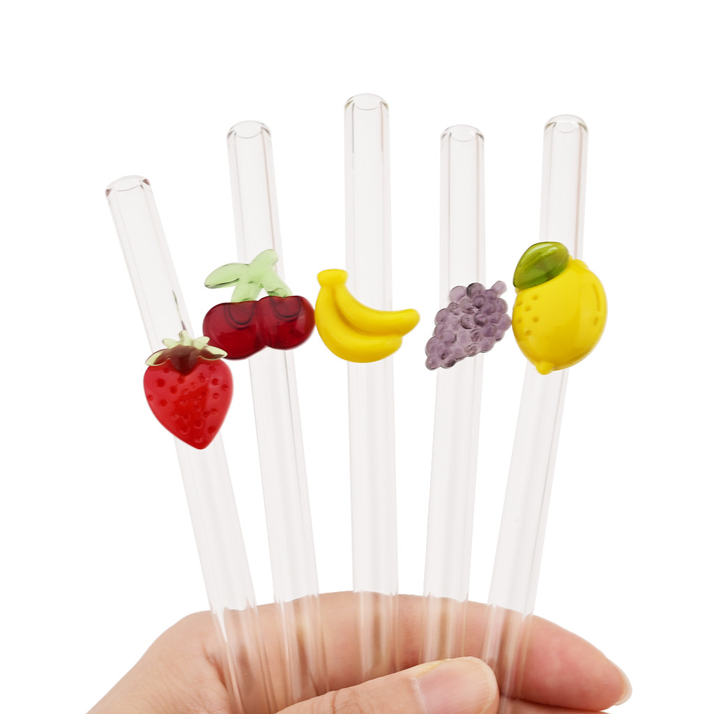 5pcs Fruit Creative Stickers Straw High Borosilicate Glass Straw Set Milk Tea Juice Cocktail Straw w