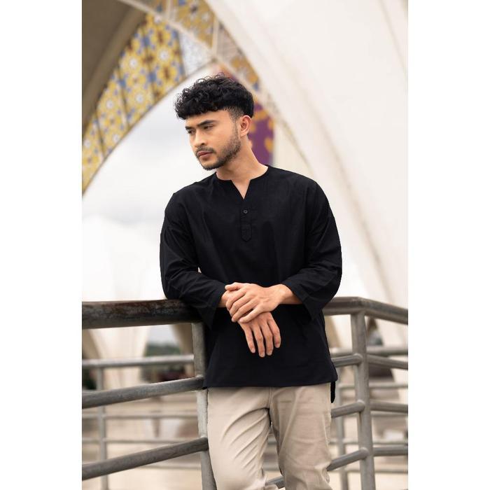 [Promo] Turki Kemeja Koko Linen V-neck Lengan 7/8 BYBLANK – Kemeja Koko Soft Cotton Linen Pria - Bla