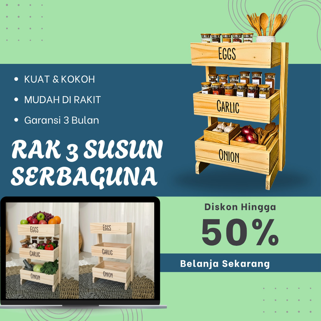 RAK BUMBU SAYUR 3 SUSUN BAHAN KAYU JATI BELANDA