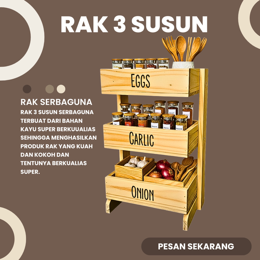 Rak bawang kayu 3 susun / Rak dapur / Rak kosmetik/ Rak perkakas/ Rak bawang