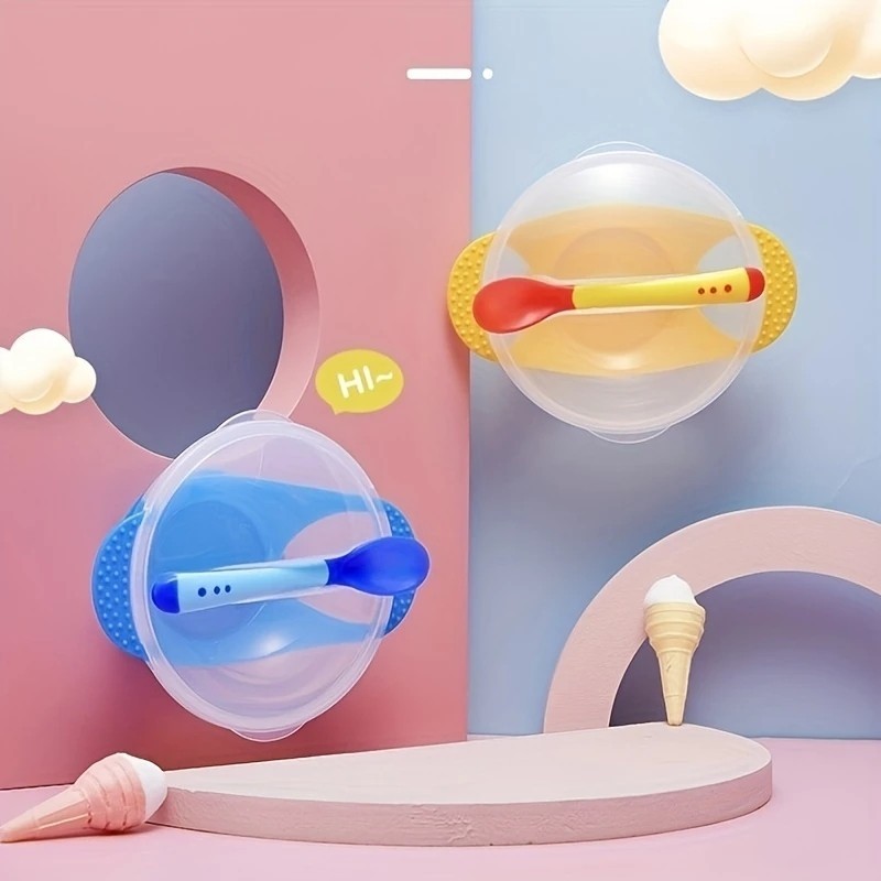 Mangkok Set Bayi Anti Tumpah Sensor Panas Tempat Makan Bayi Silicon Mangkok Anti Slip Alat Makan Tut