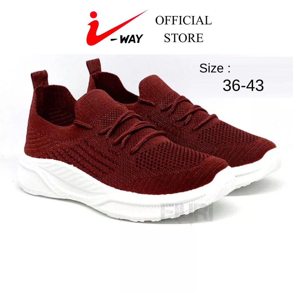 I-Way - Sneakers Slip On 36-40 - Sepatu Knit Rajut Tali Olahraga Pria Wanita - Maroon